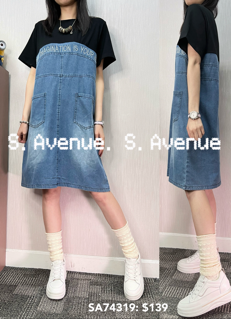 SA74319: 短袖前有骨繡英文字雙袋牛仔op