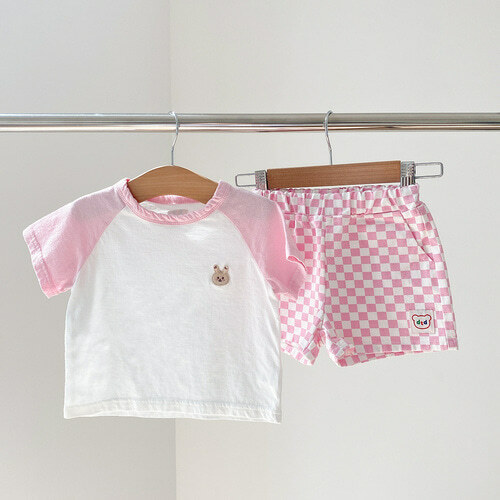 dot to dot 拼色短袖T-shirt+格仔繽紛熊短褲