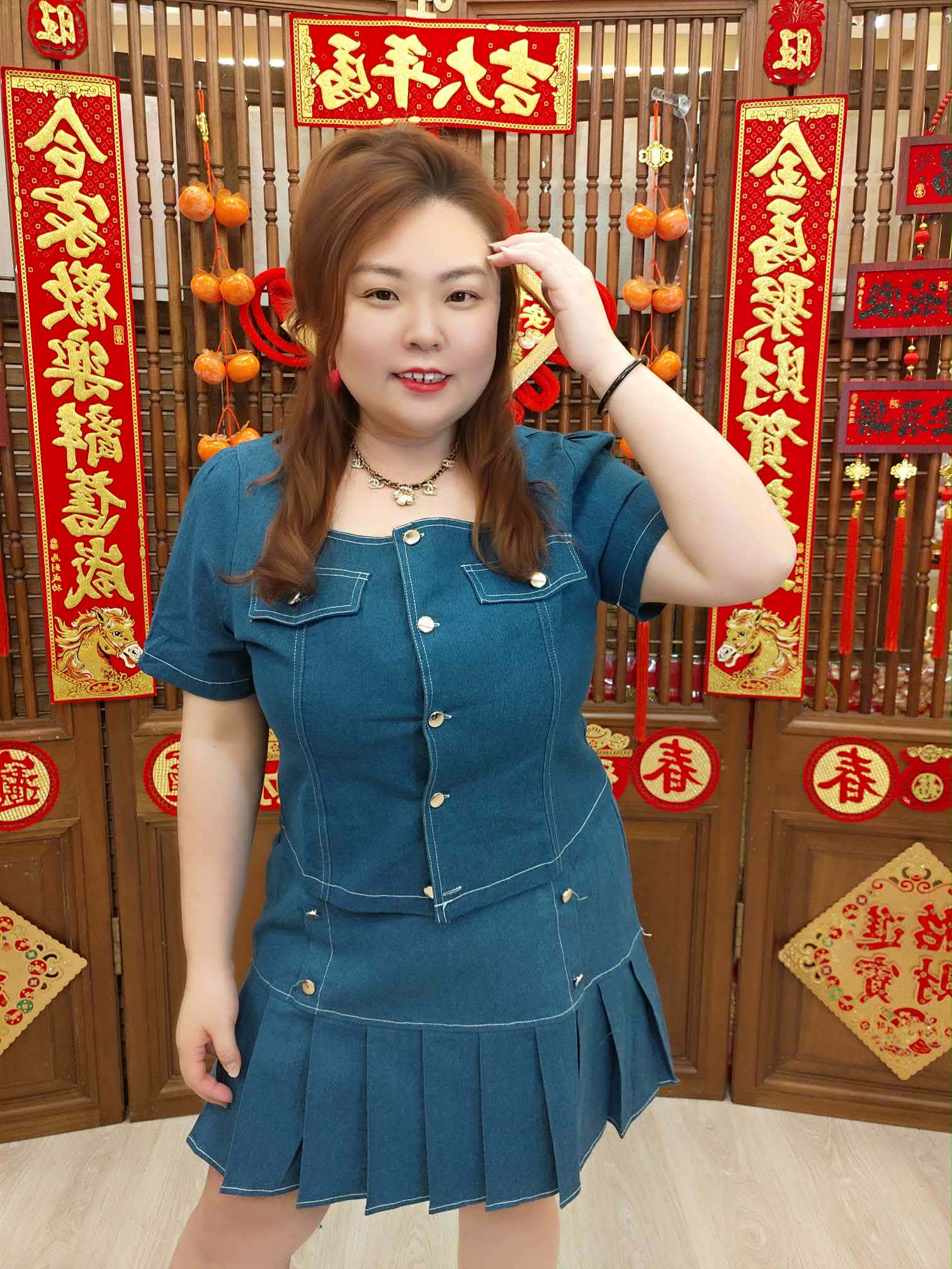 NFA04 TW#3855-1/TW#3855SH 方领泡泡短袖牛仔上衣裤裙套装