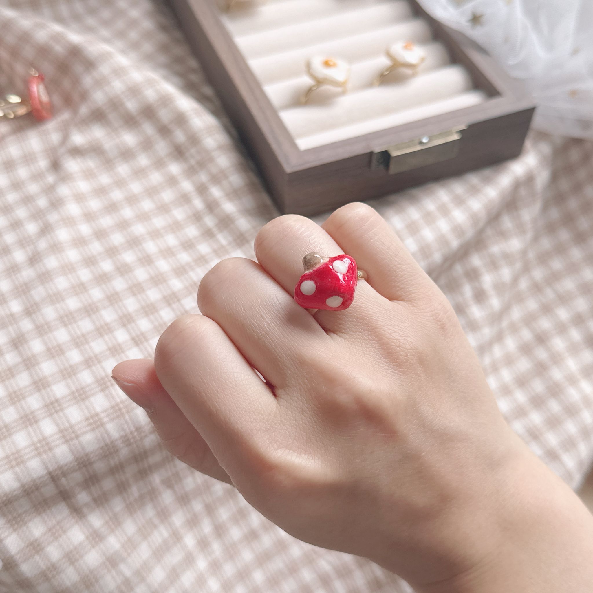 手繪煎蛋🍳蘑菇🍄‍🟫戒指 可調節鬆緊