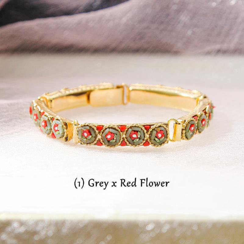 C.a. 1950-60s New Old Stock Italian Mosaic Link Bracelet -Flower with Branch - Grey x Red(FA210)