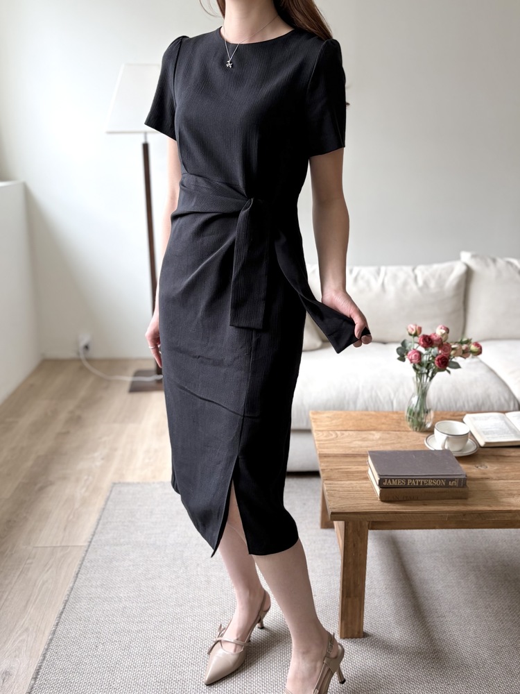 Elise Draped Slit Dress (Black)