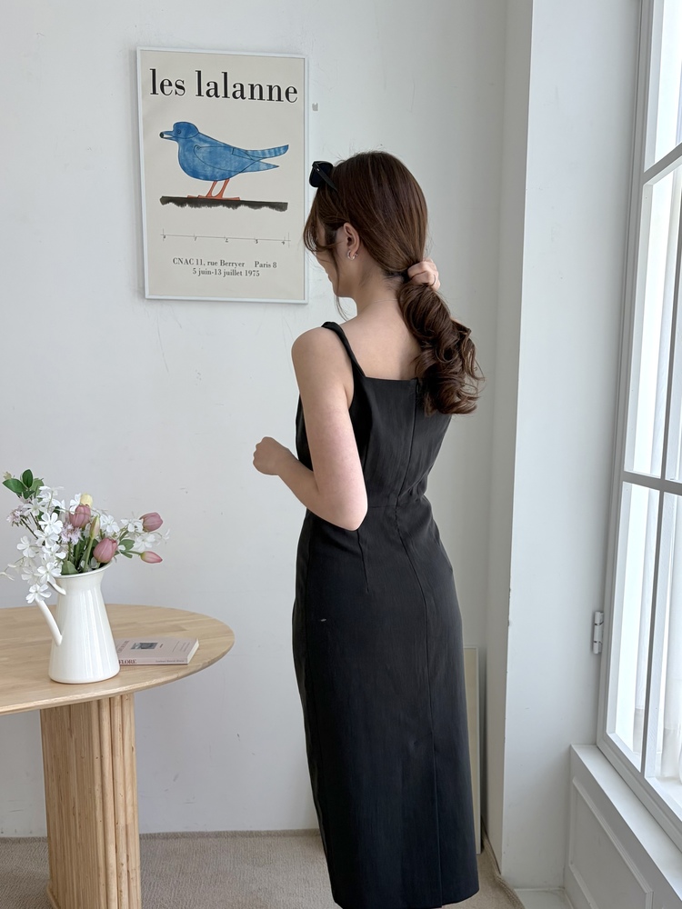 Linen Blend Twisted Strap Dress (Black)