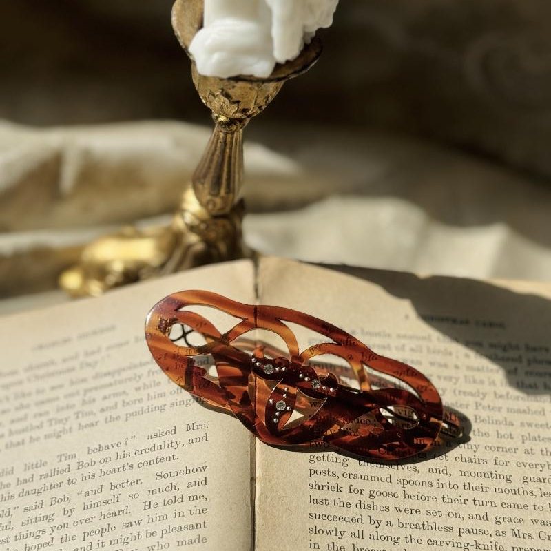C.a.1950s–1960s Tortoiseshell-Style Celluloid Hair Barrette with Rhinestone Accents(NZ079)
