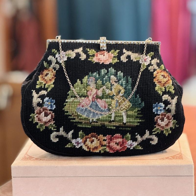 Rare! Courting Couple Needlepoint with Rhinestone Frame Handbag - Missing 2 stitches (MT2505)