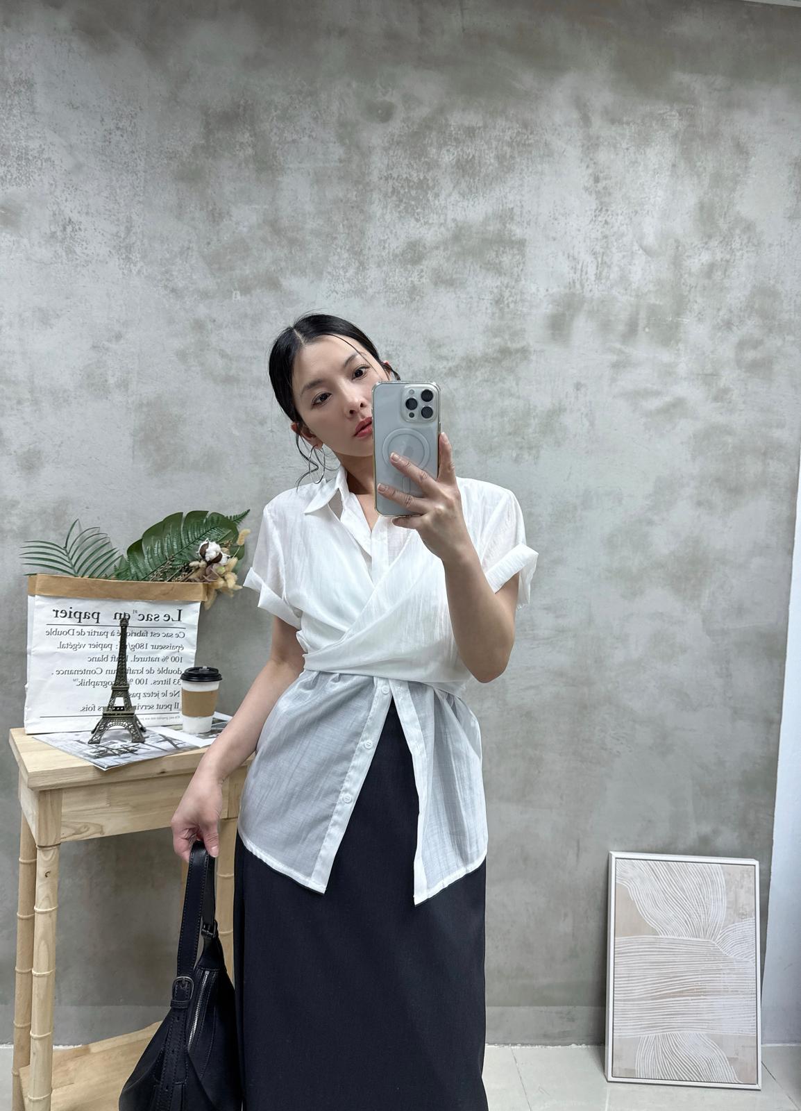 G02 交叉綁腰絲質恤衫