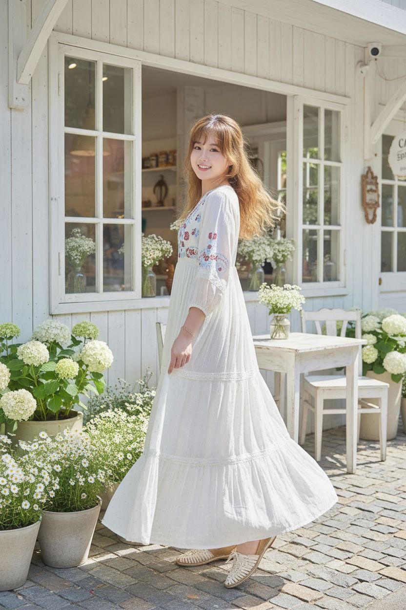2113 Pure White V  Neck Floral Emb OP 53"