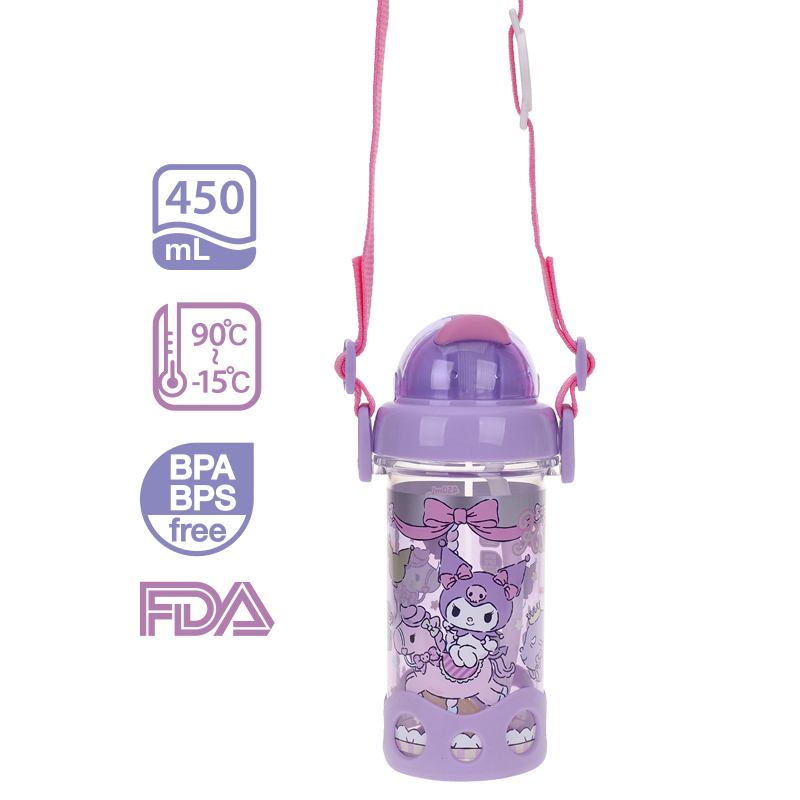 Kuromi 450ml BPA & BPS Free Water Bottle w/ Straw & Neck Strap 膠水樽連飲管及頸繩