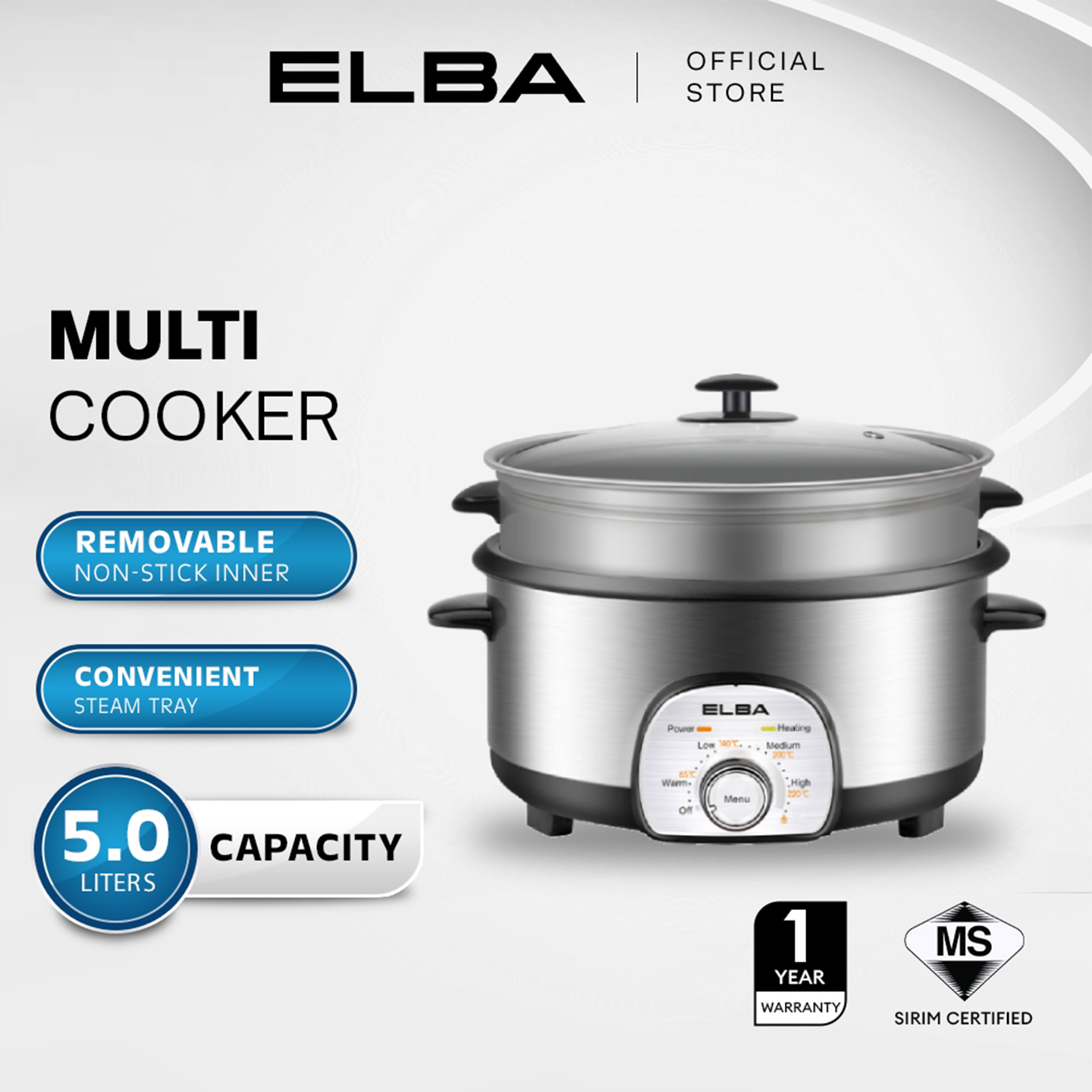Elba 5.0L Removable Non-Stick Pot,Steam Tray Multi Cooker EMC-K5010(SS)