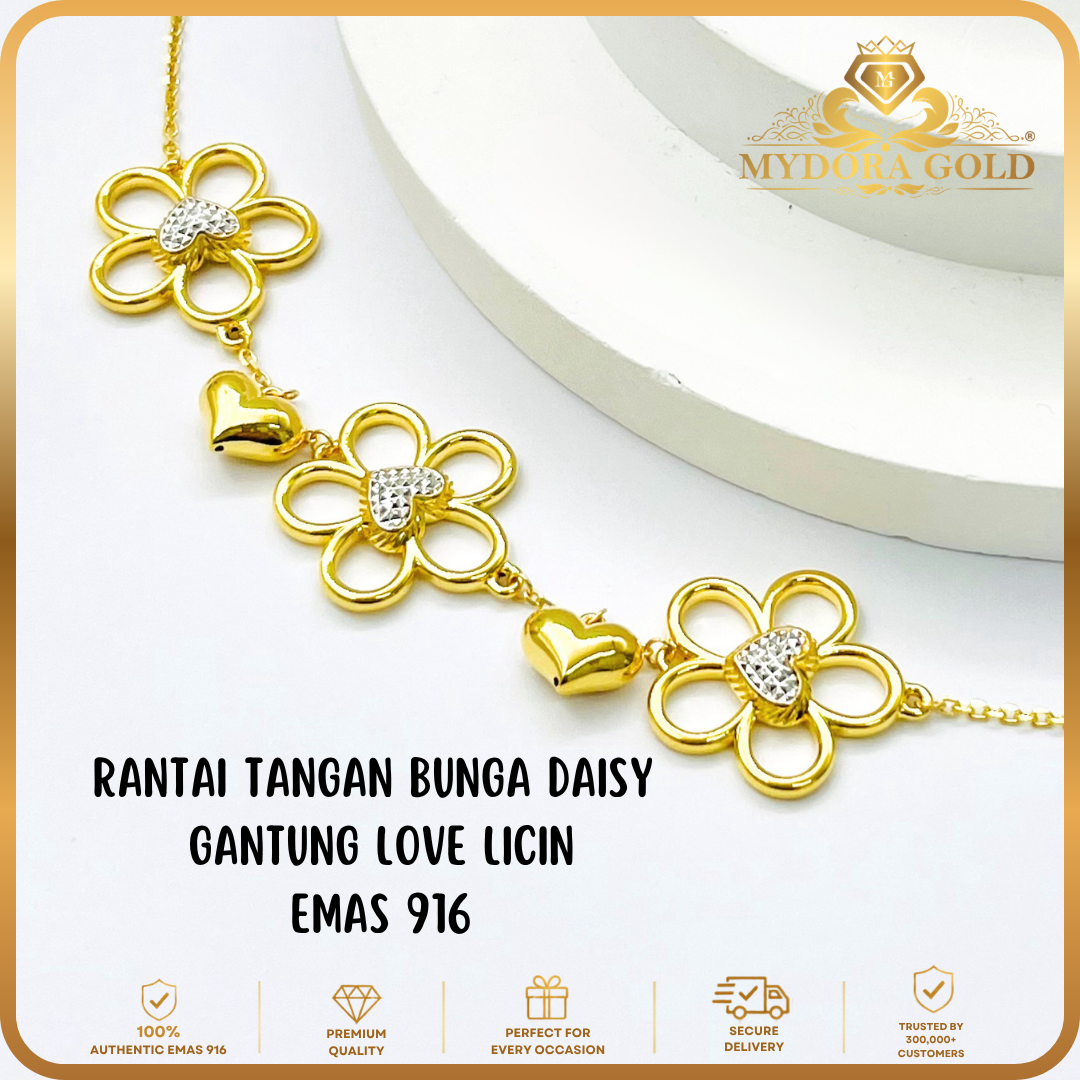 MYDORA Rantai Tangan Bunga Daisy Gantung Love Licin l EMAS 916/22K