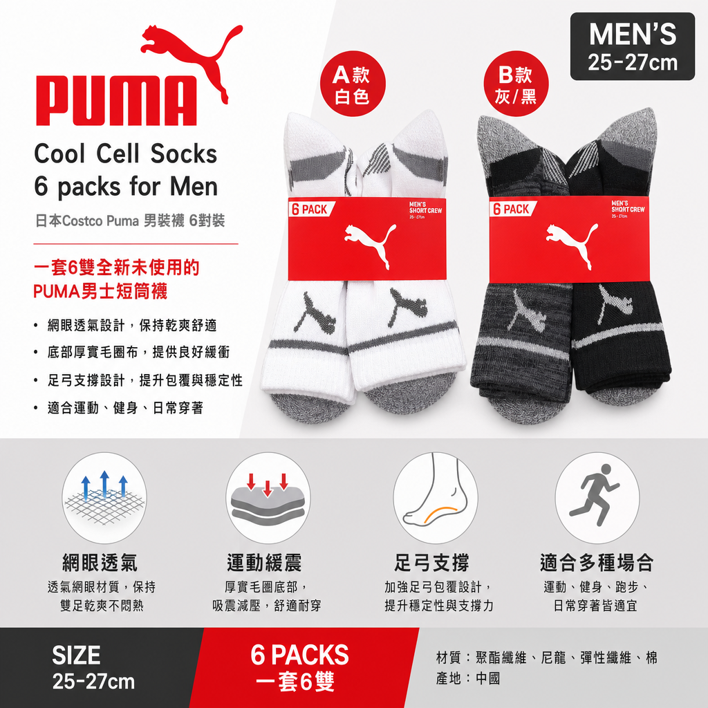 日本Costco  Puma Cool Cell Socks 6 packs for Men size 25-27cm Puma 男裝襪 6對