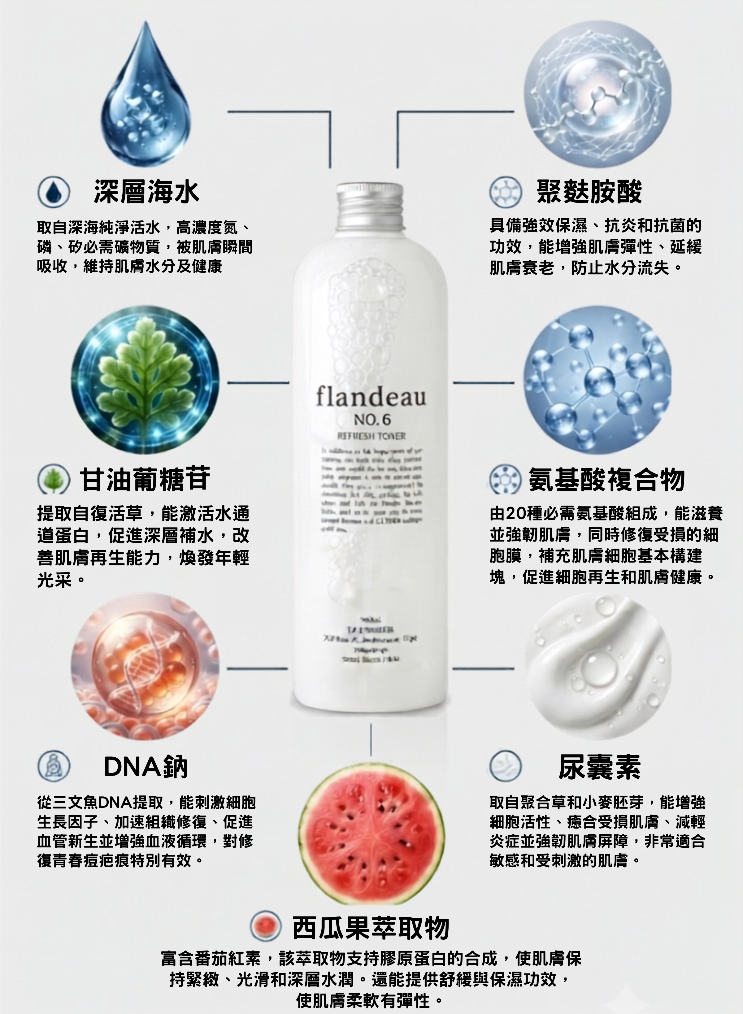 La ChomB TONIQUE FLANDEAU NO.6 清爽保濕爽膚水核心成分解析：含深層海水礦物質、保濕抗炎聚麩胺酸、激活水通道的甘油葡糖苷、胺基酸複合物、修復細胞、DNA鈉、舒緩肌膚尿囊素，以及保濕彈力西瓜果萃取物、修護型爽膚水、清爽保濕