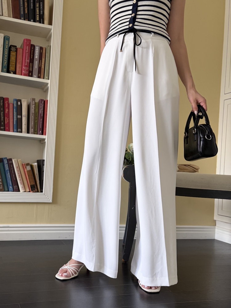 [超涼!!] Contrast Belt Wide Leg Slacks (White)