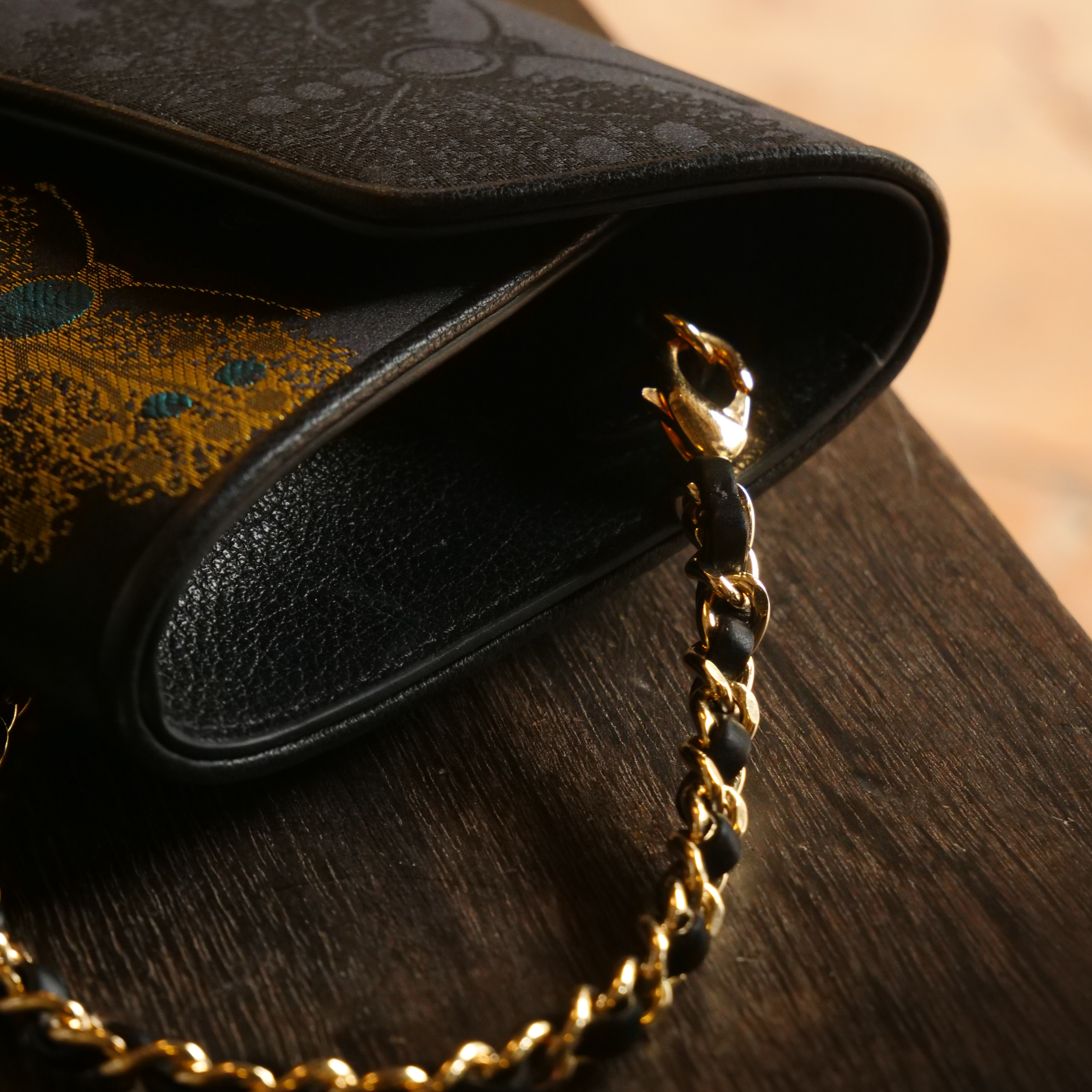 宋錦∞黑金綠蝴蝶牛皮手袋