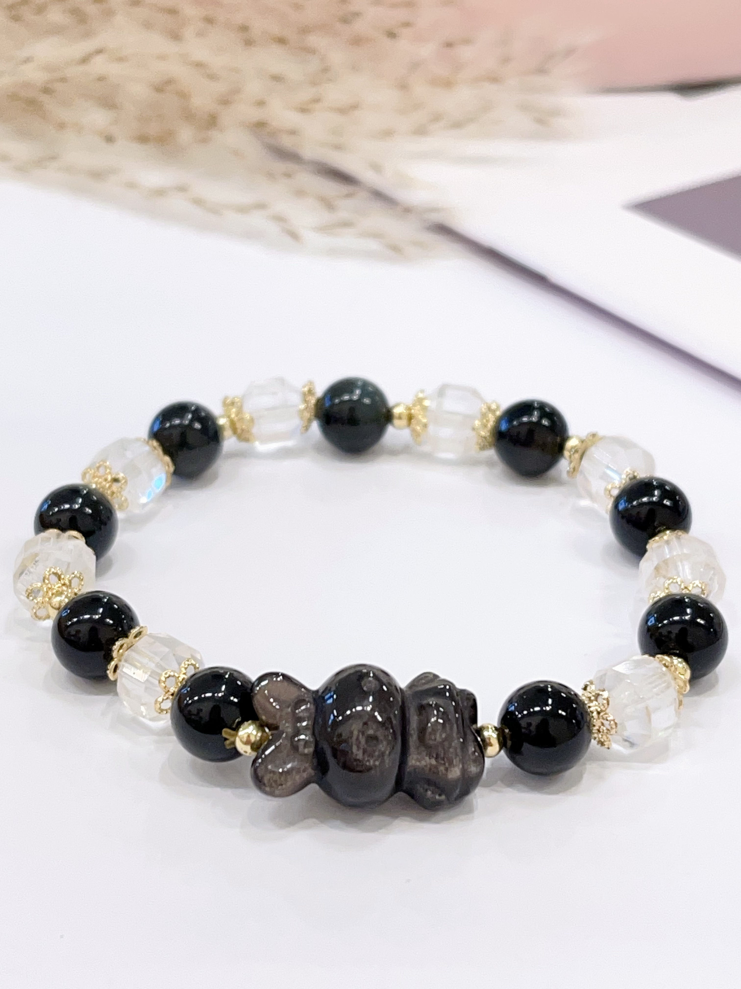 🖤 银曜石 × 切割白水晶手串 Silver Sheen Obsidian & Faceted Clear Quartz | 8mm