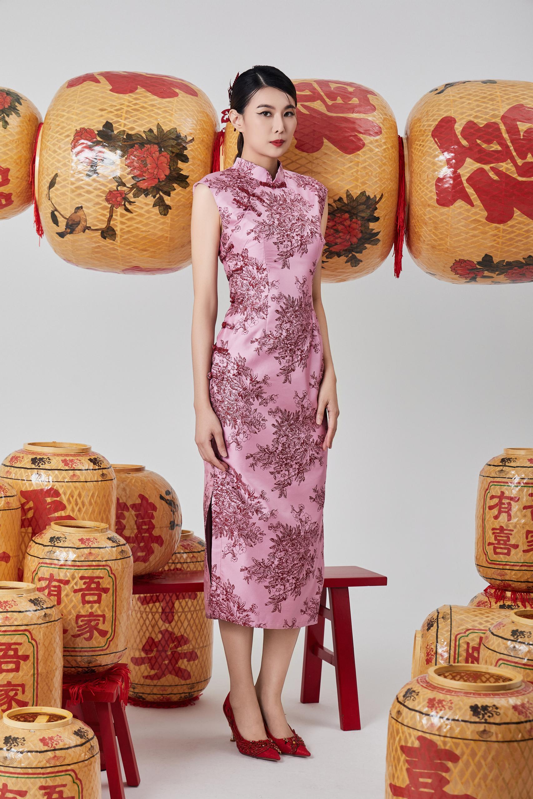 独家长款旗袍 粉色 2128