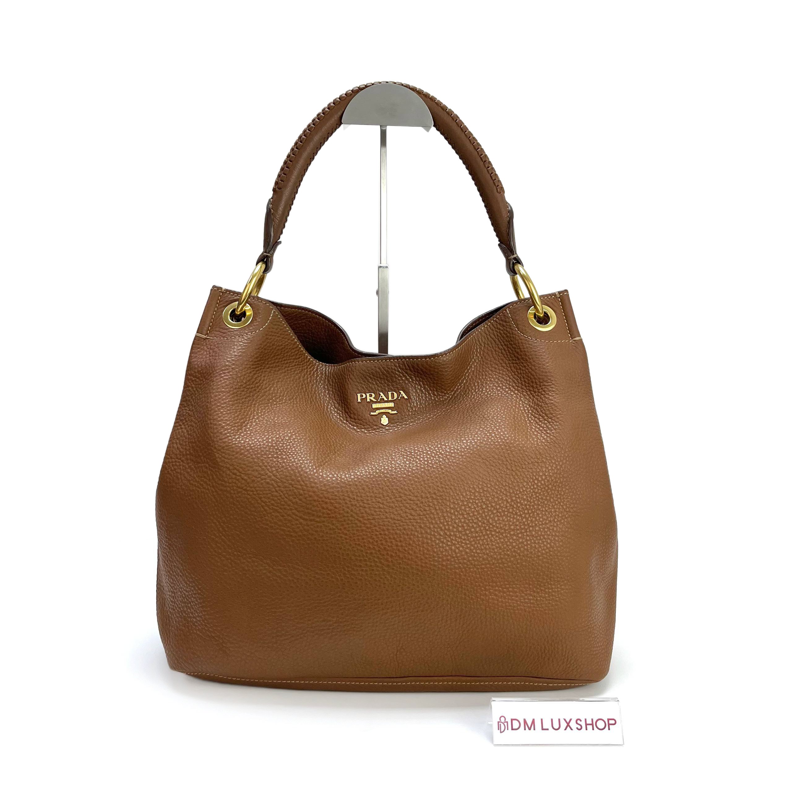 Prada Brown Leather Vitello Daino Hobo Bag GHW