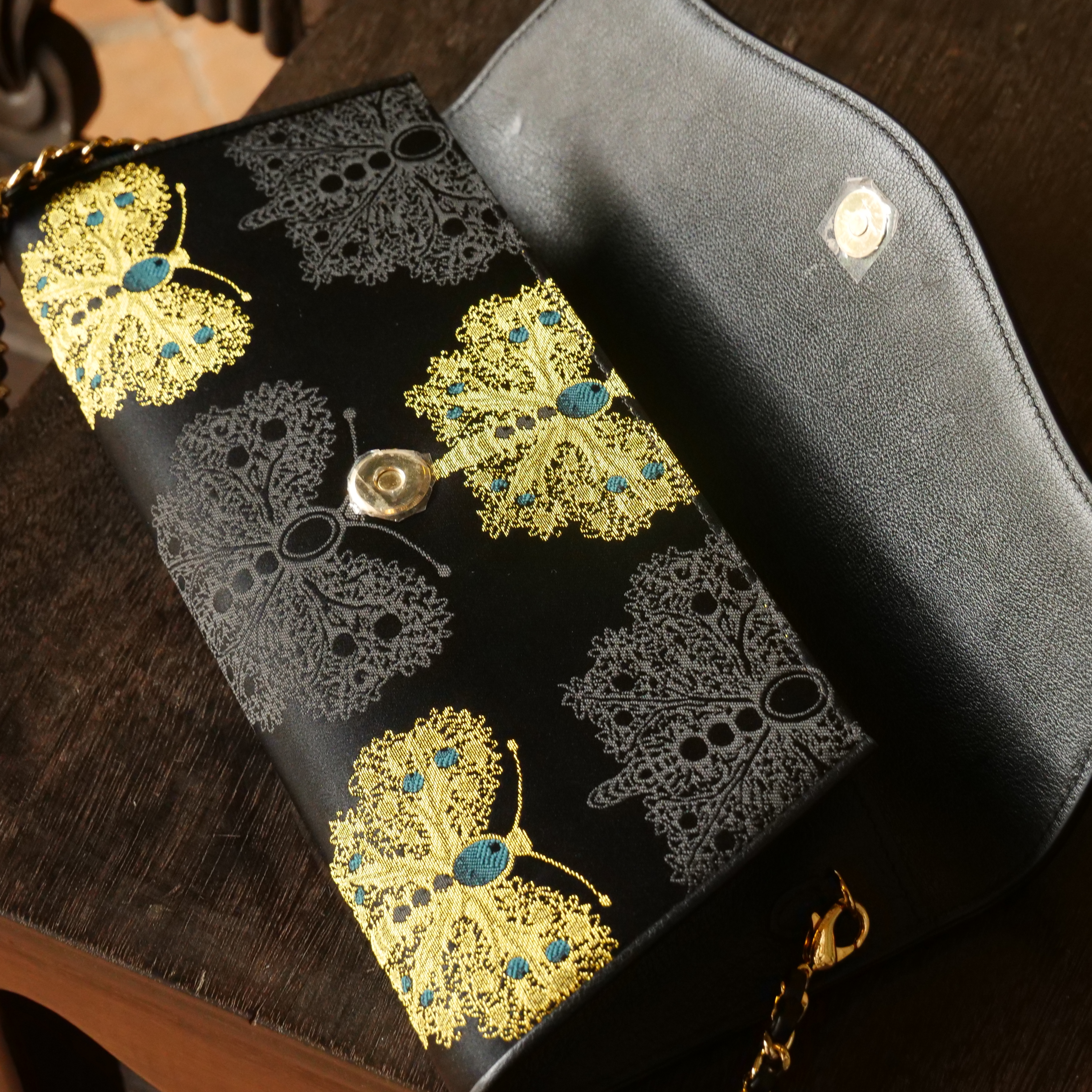 宋錦∞黑金綠蝴蝶牛皮手袋