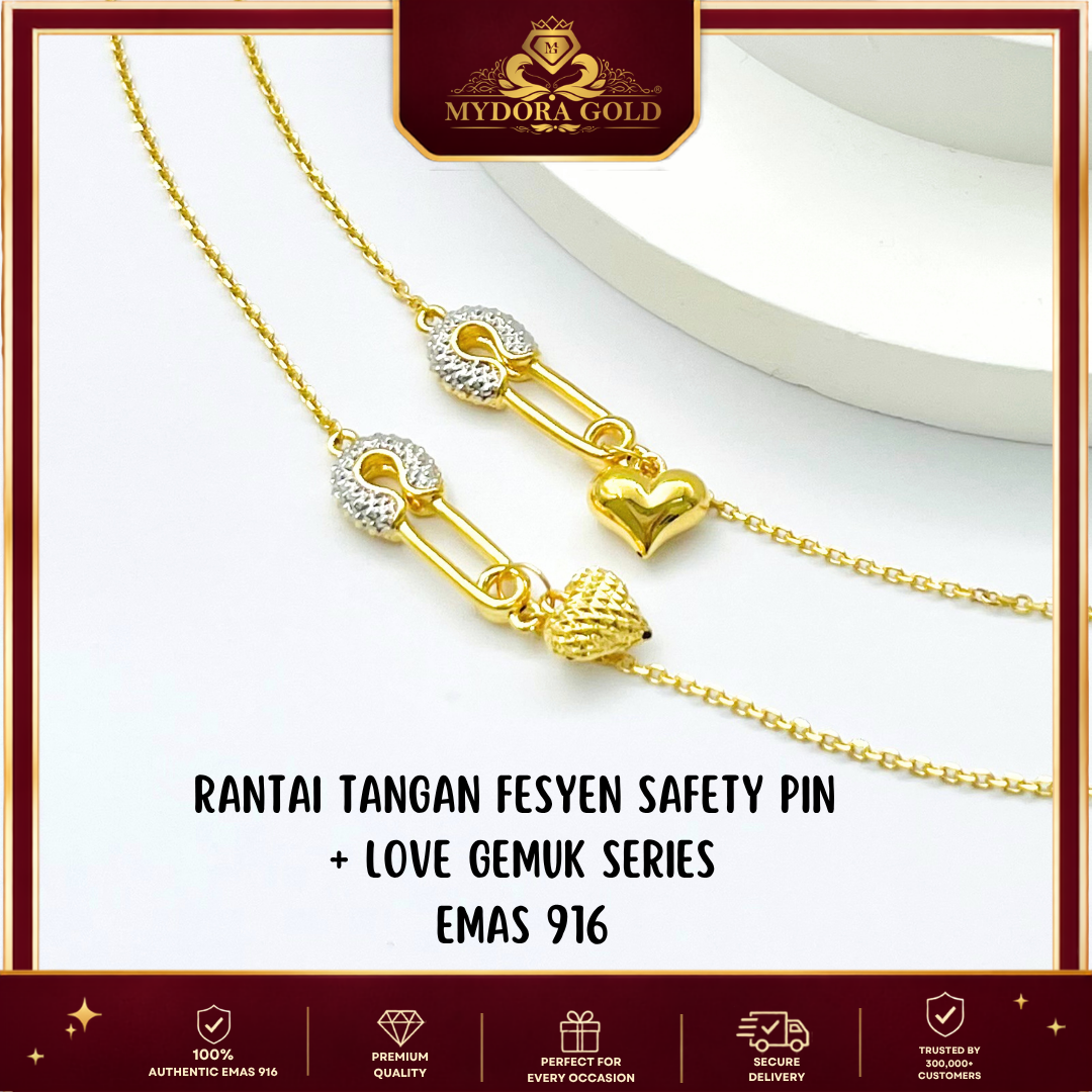 MYDORA Rantai Tangan Fesyen Safety Pin + Love Gemuk Series l EMAS 916/22K