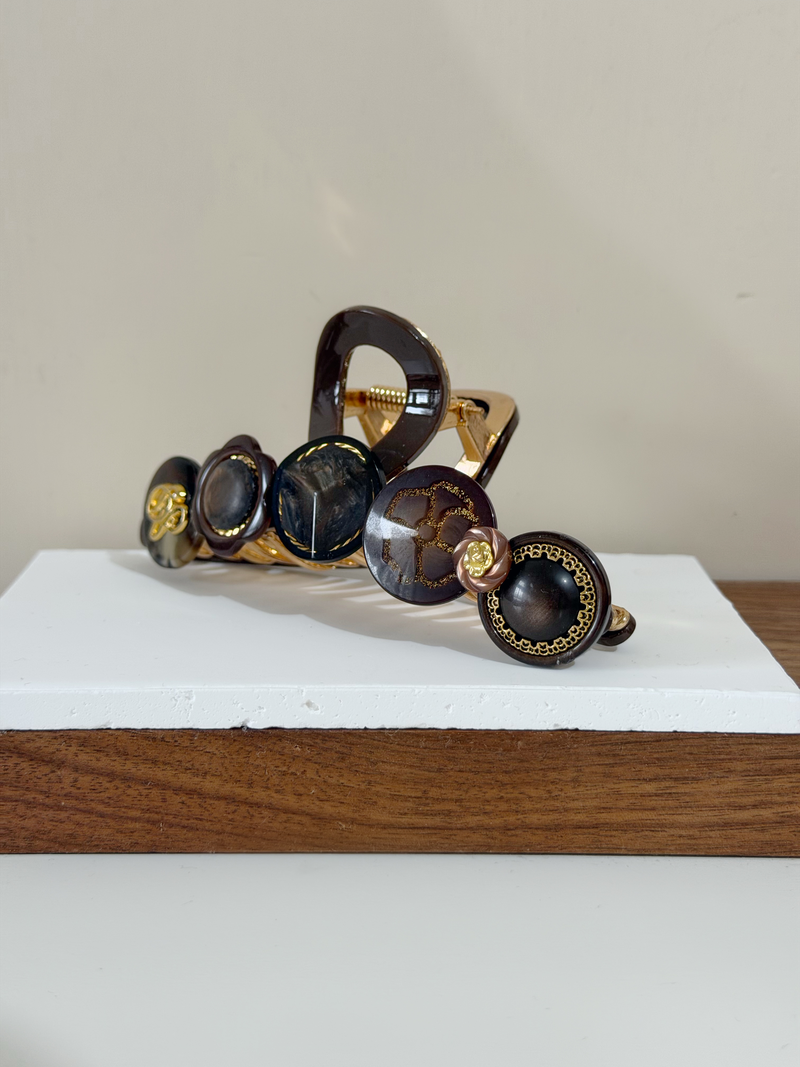 復古鈕扣髮夾/啡橙色系 12cm長