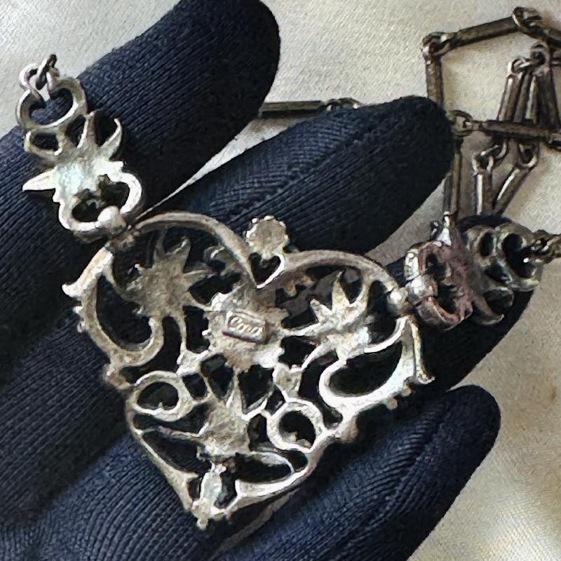 Vintage Stamped "Coro" Bejeweled Silver Tone Heart Shape Princess Necklace / Cocktail Necklace (EA1118)