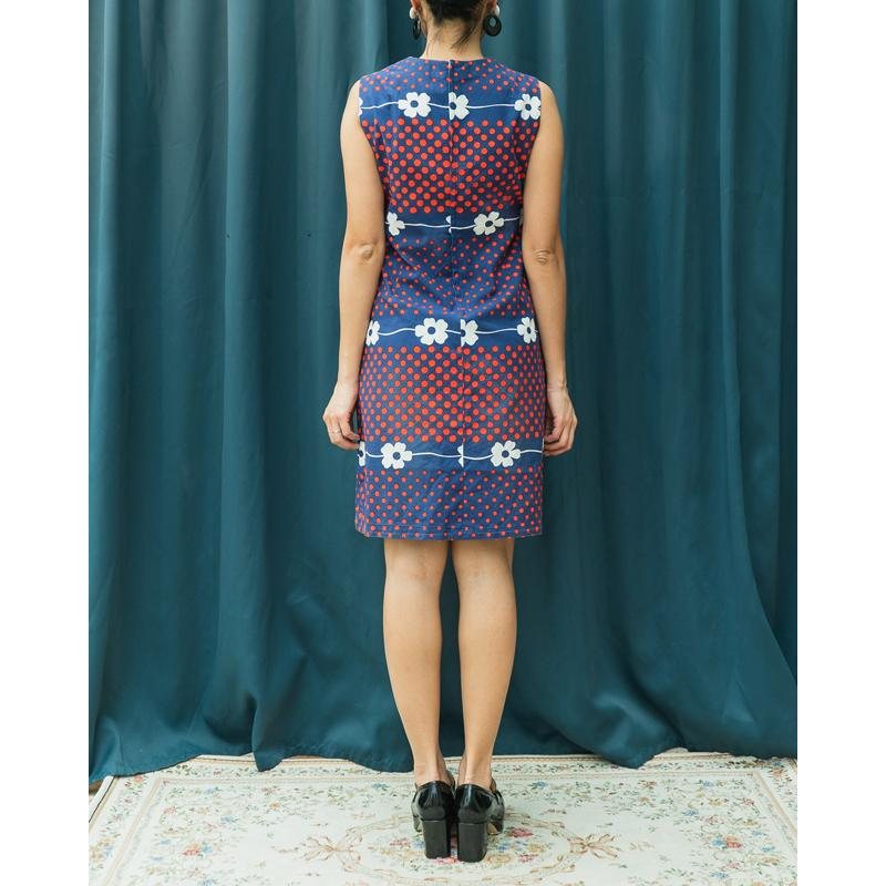 Vintage Japanese MOD Floral Pattern Handmade Sleeveless Shift Dress(MT1541-7)