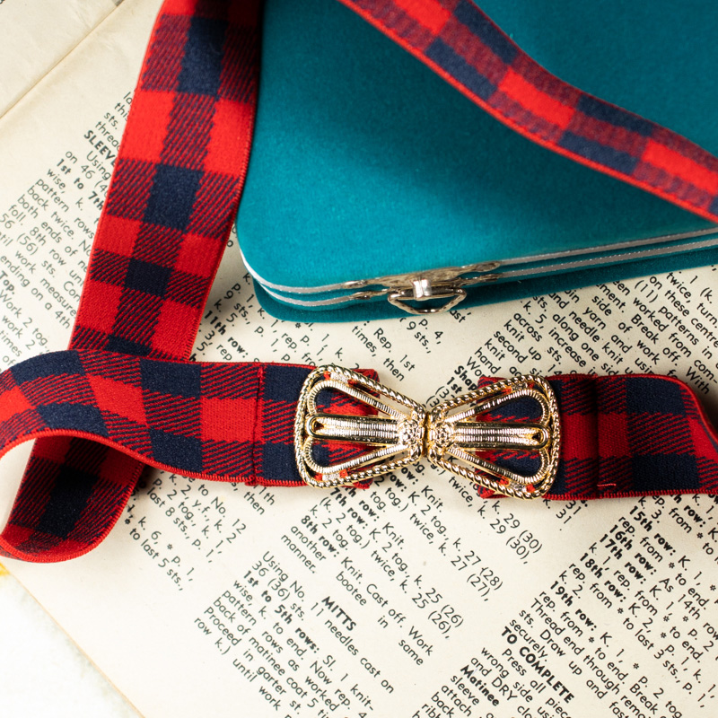 Vintage Japanese Bow Shaped Belt Buckle with Tartan Elastic Belt (E007 / E008 x K009)