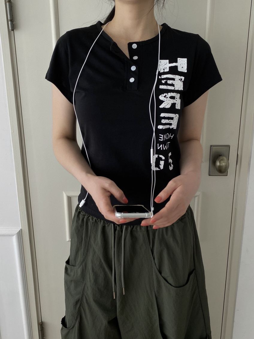 Distressed Graphic Button Top