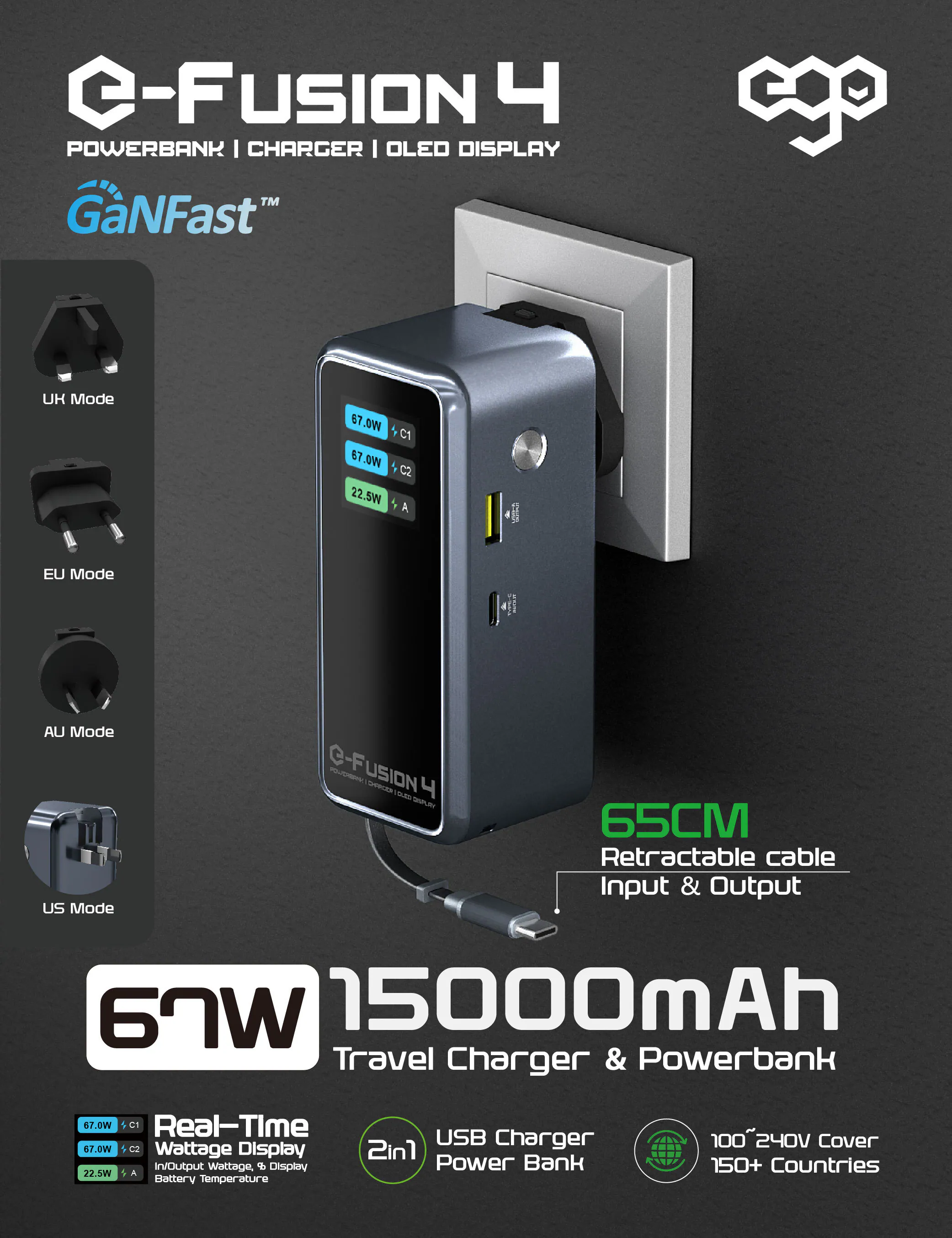 香港行貨 一年保養 ego - E-Fusion 4 15000mAh 外置充電火牛 | 旅行充電器│邊充邊放、超快充、內置 Type-C線  YJ-769D 