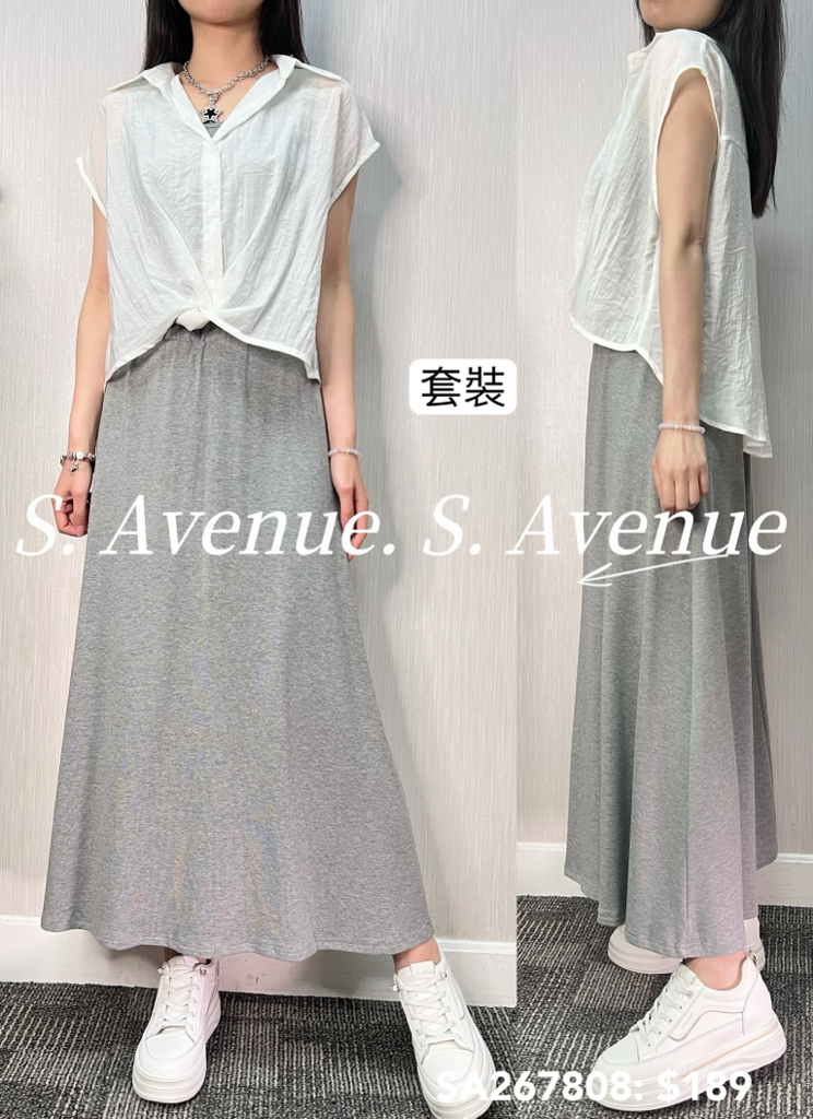 SA267808: 短袖假兩件前短後長shirt配半截A字長裙套裝