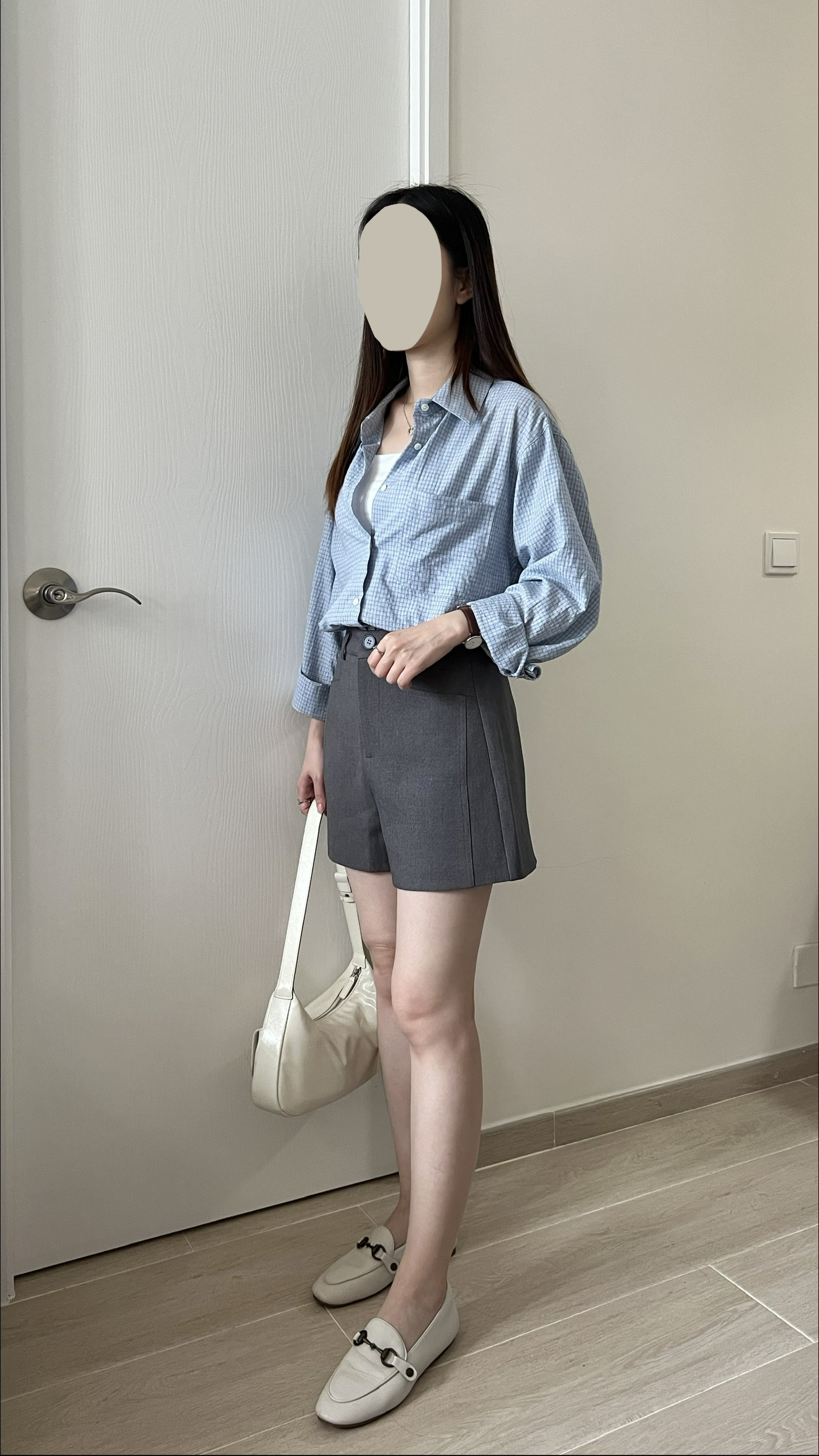 韓風細格紋薄恤衫 