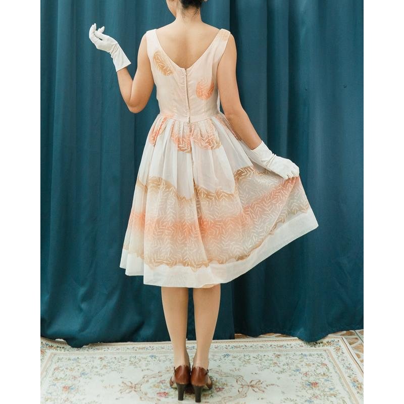 C.a. 1950s Dreamy Leafy Pattern Chiffon Day & Night Fit and Flare Dress (MT1508)