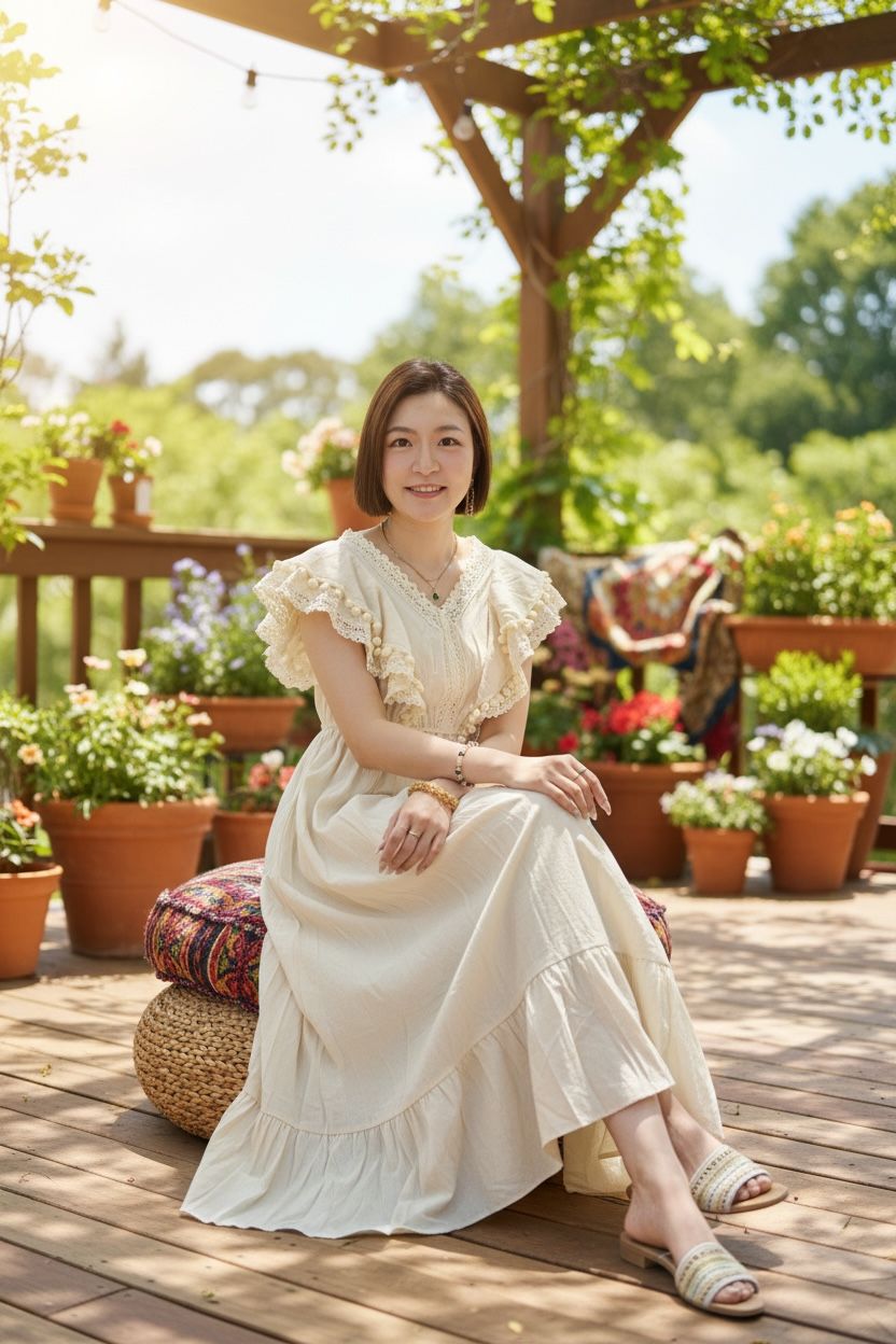 2014 Beige V Neck Ruffles Rubberband Waist OP 48" 
