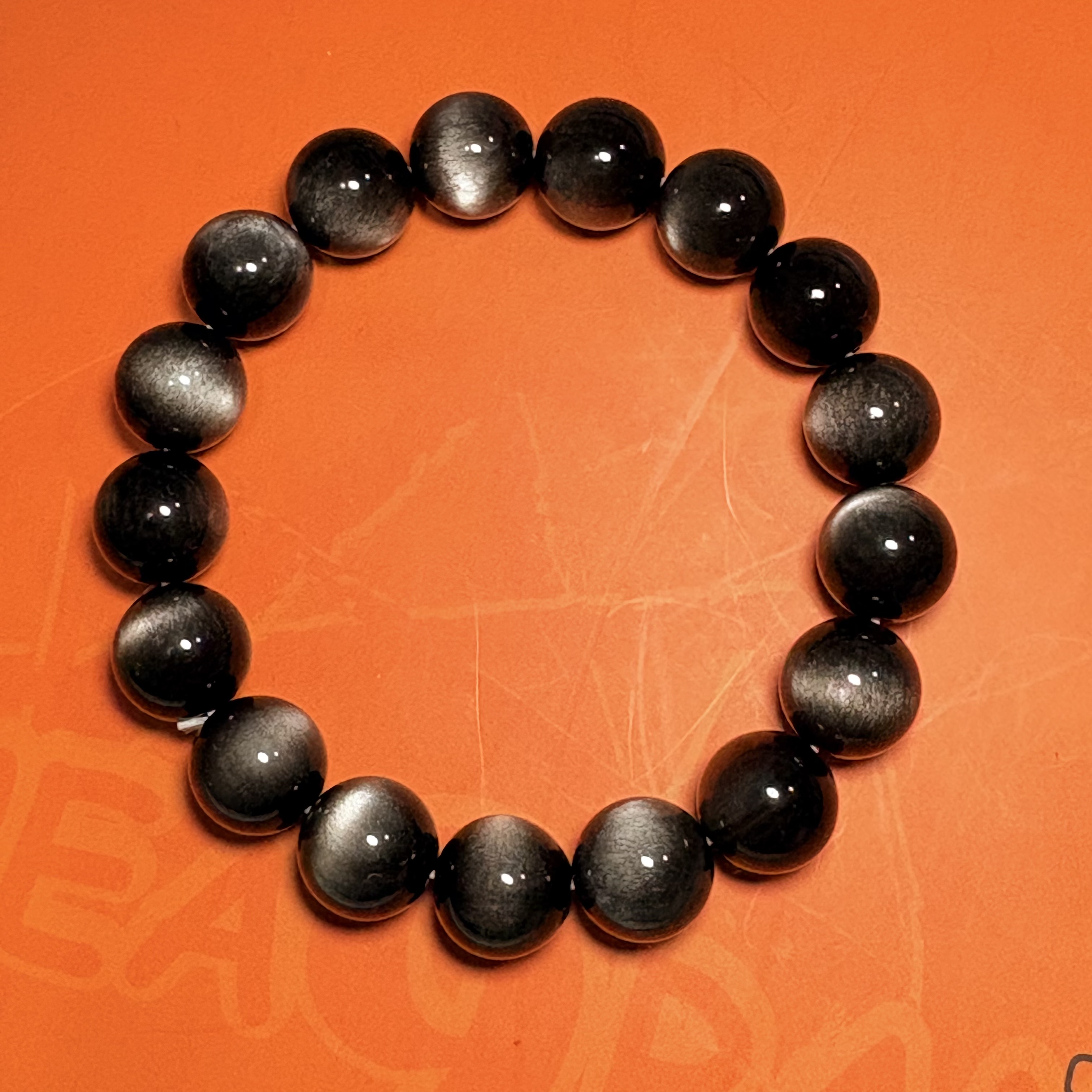 銀黑曜石手串No.4591丨精品貓眼級✨丨12mm珠16.5-17cm手圍