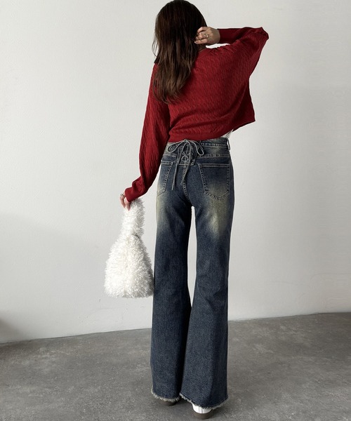 綁帶喇叭高腰牛仔褲【JP010】