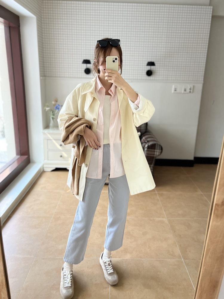 Stripe-Lined Relaxed Trench Coat (Cream)