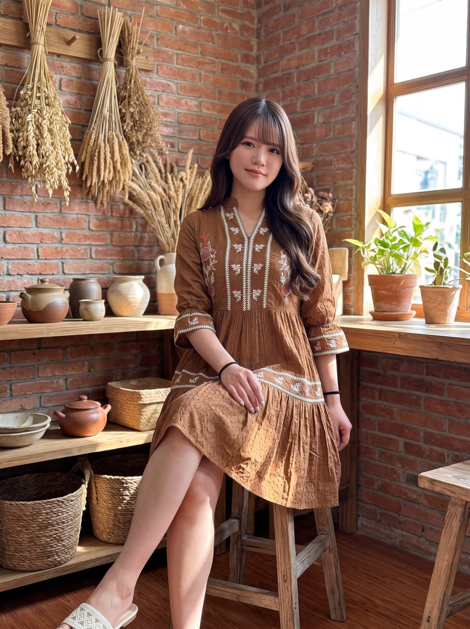 2875 Chocolate Doll With white Emb Sleeve short OP