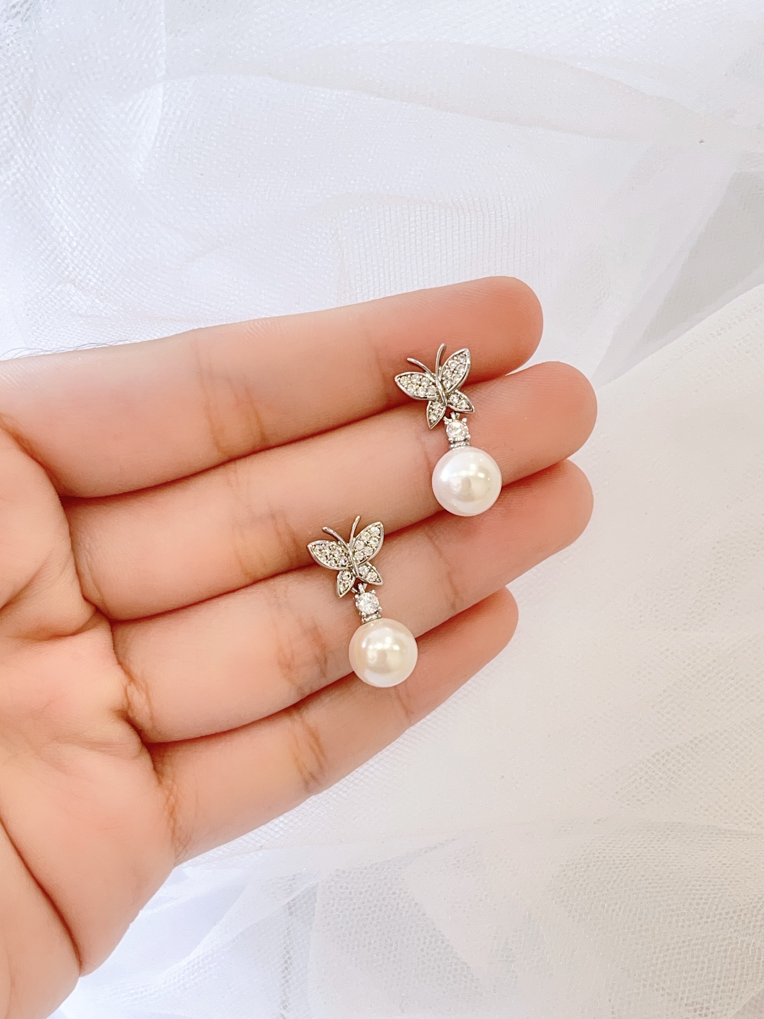 满钻蝴蝶珍珠耳坠耳环