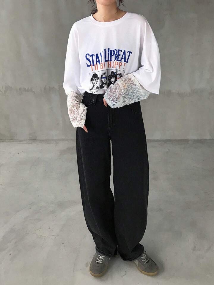 蕾絲拼接印花寬鬆T恤