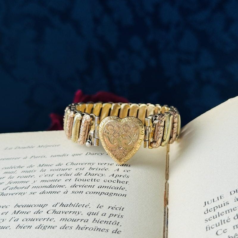 Antique 1910-1940s L.S Gold Filled Two Tone Rose & Yellow Gold Etched Pattern Sweetheart Expandable/Stretchy Bracelet(MT1361)