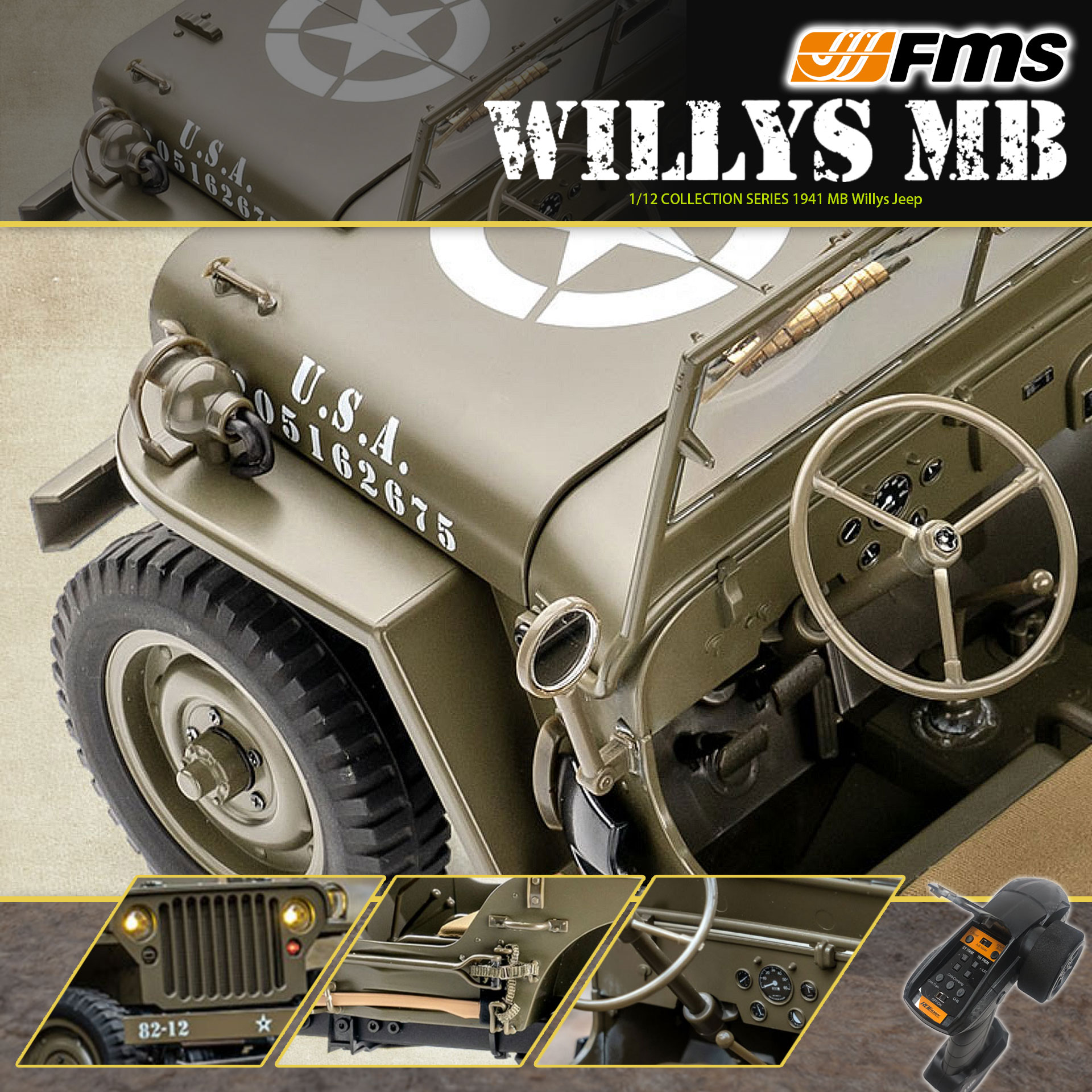全新 🌟 FMS 🌟 1:12 WILLYS MB 威利斯 軍車 | 2.4Ghz 遙控 | 4輪驅動 | 聯動燈 | 車頭大燈及尾燈 | 迷你慢爬車 | 遙控車 | 像真迷你遙控車