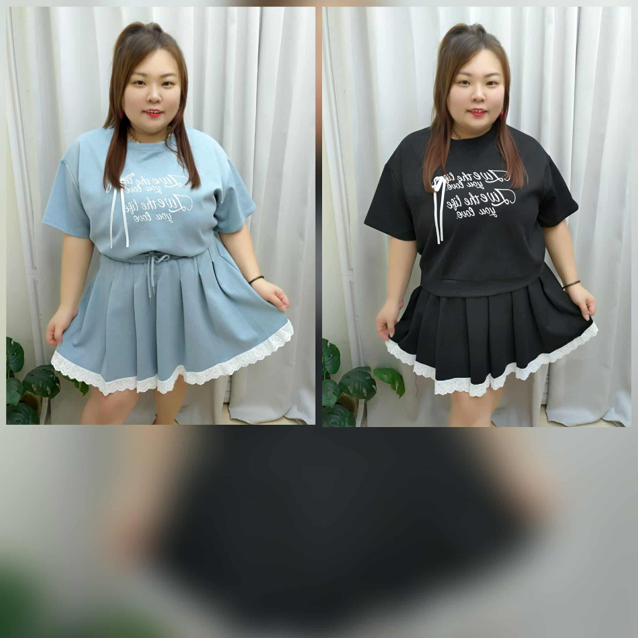 TW#2993 字母上衣拼百褶蕾丝边裤裙套装