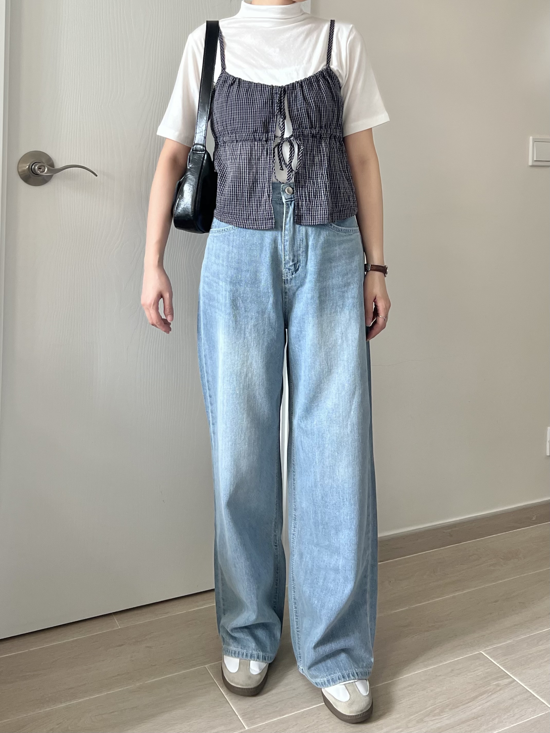 雙結皺皺格紋外搭背心 現貨