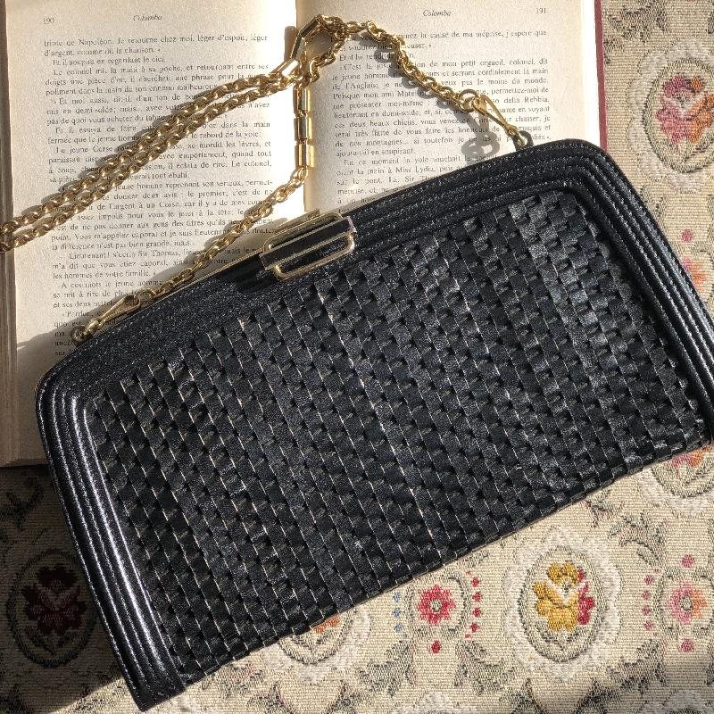 Vintage Black Weaving Leather Strips Two-Way Clutch/Shoulder Bag from Japan (MT1628)