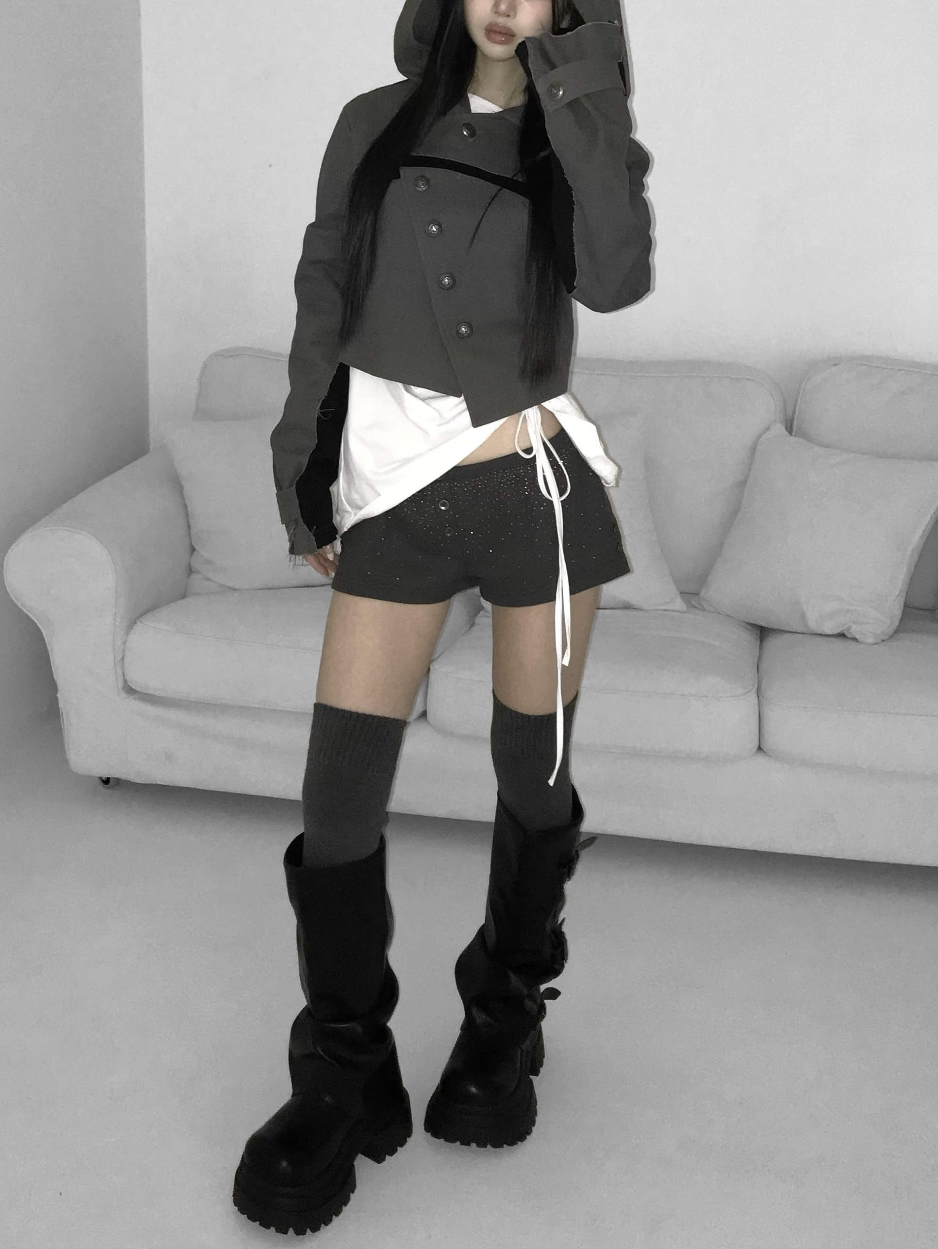 Asymmetric Raw-Edge Hooded Cropped Jacket