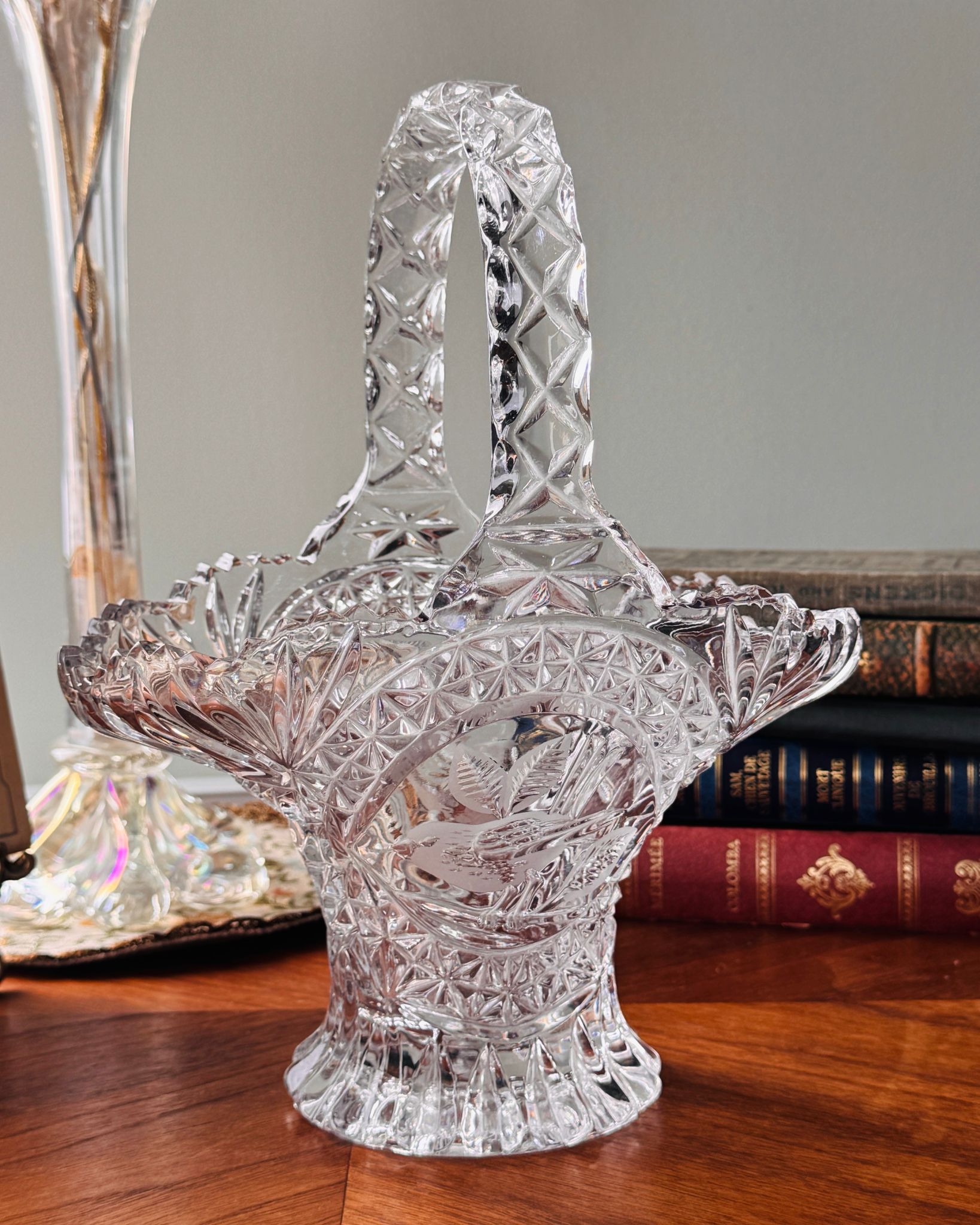 Vintage Crystal Birdsong Basket with Sawtooth Rim