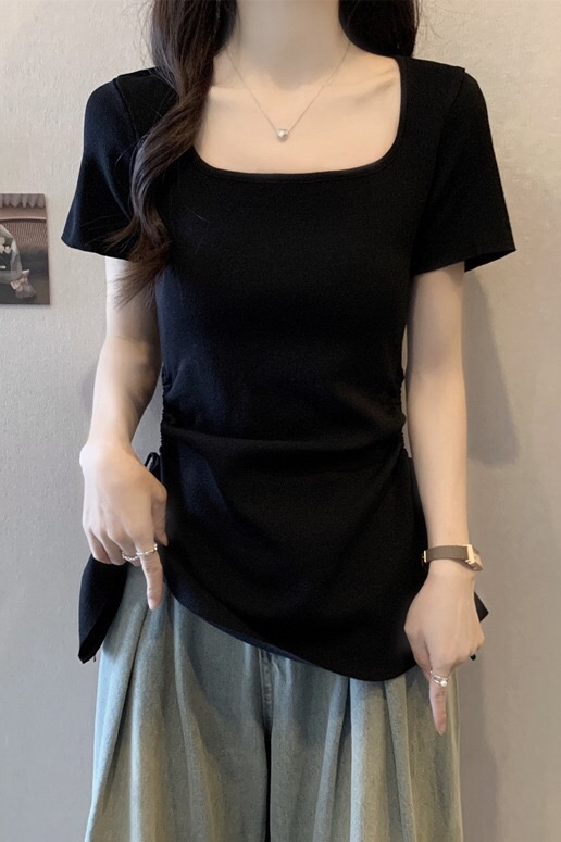 B315(1065) 韩版方领显瘦双边腰镂空抽绳黑黄针织上衣