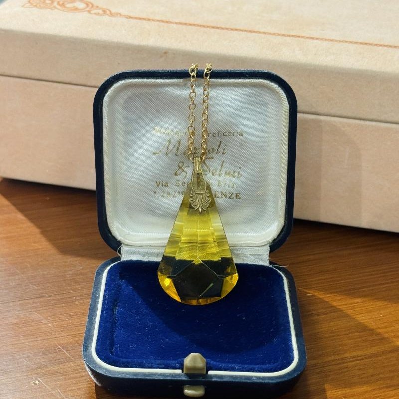 Vintage Czechoslovakia Faceted Amber Yellow Glass Recomposed Pendent (C012)