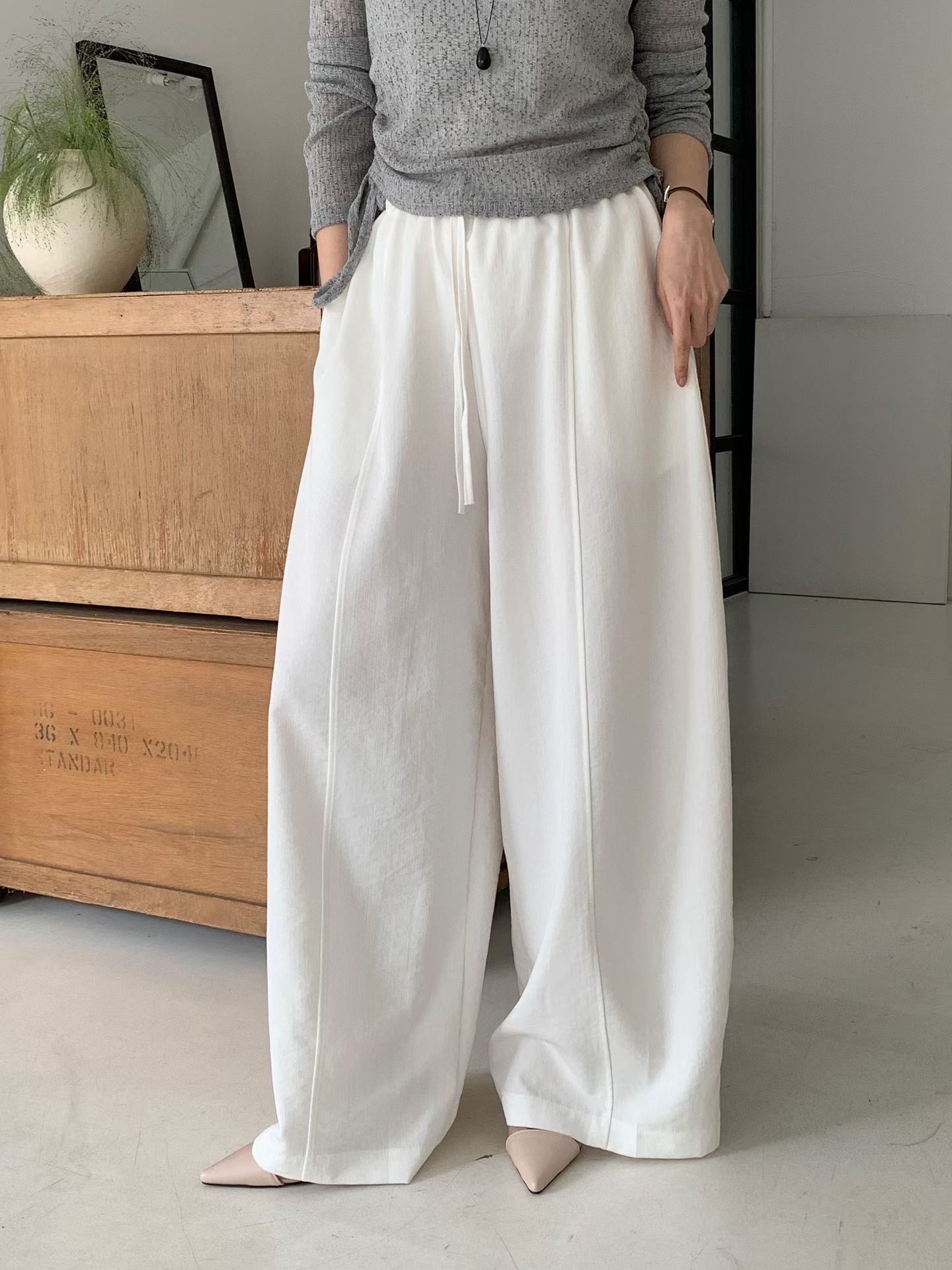 CT21 韓系抽繩鬆緊高腰闊腿褲