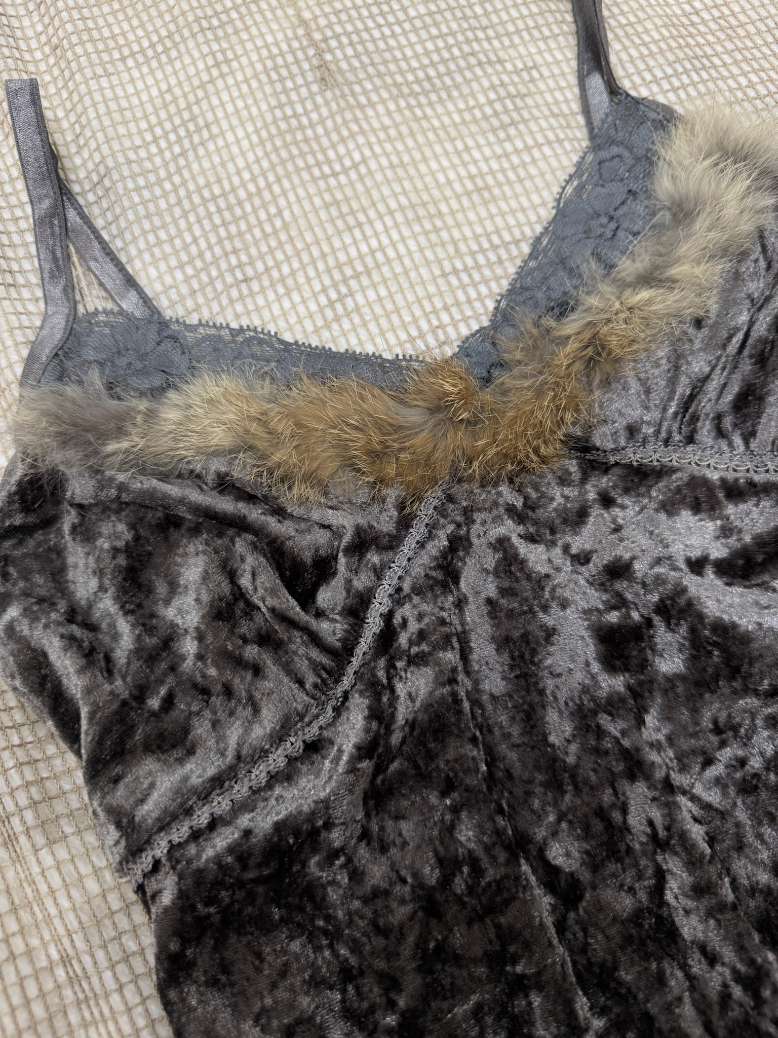 Whimsigoth Charcoal Grey Velvet Cami with Faux Fur Trim
